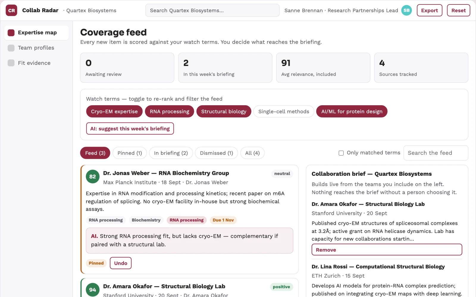 Demo screen of Research collaboration discovery