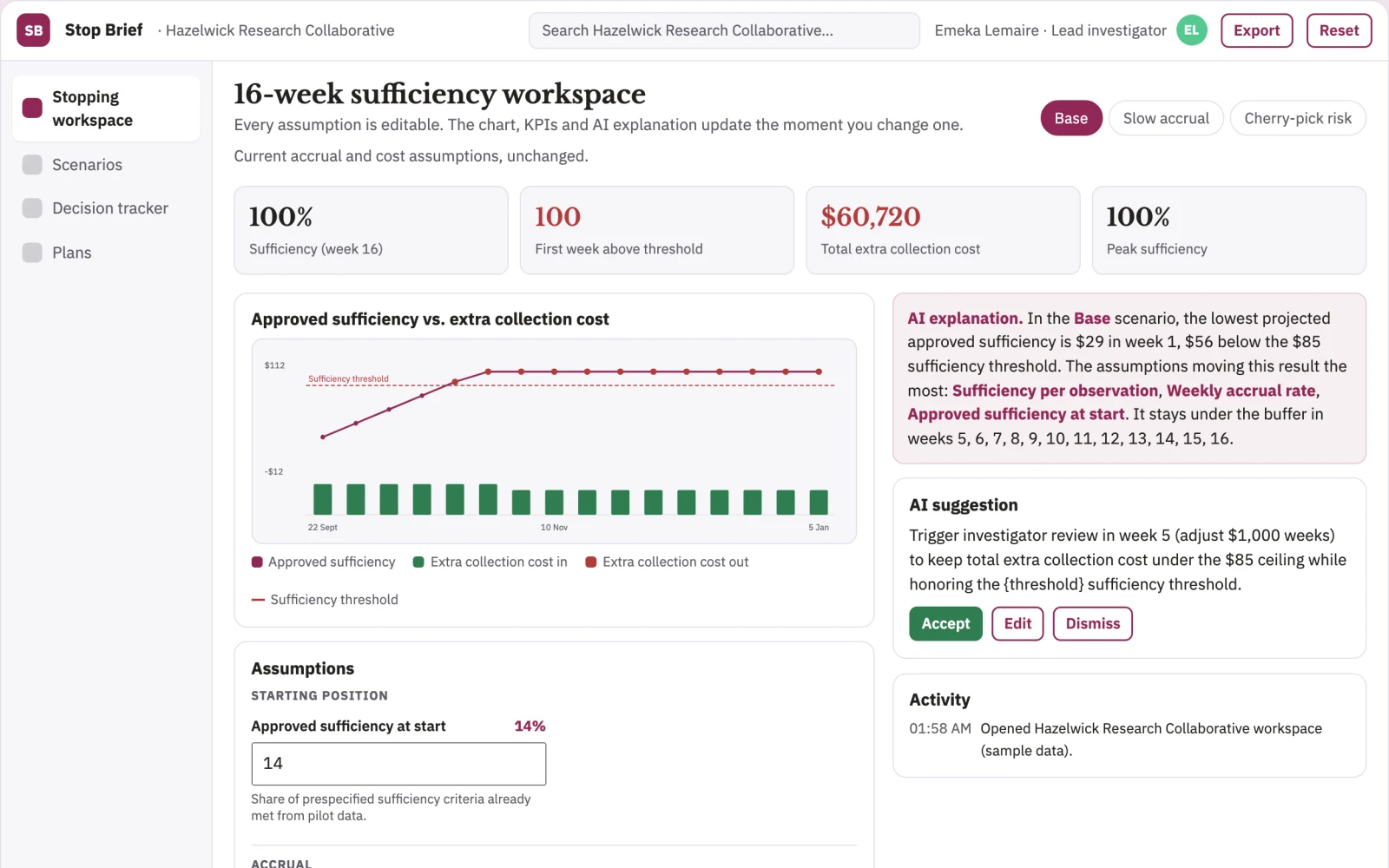 Screenshot of the Research data acquisition stopping lab interactive demo