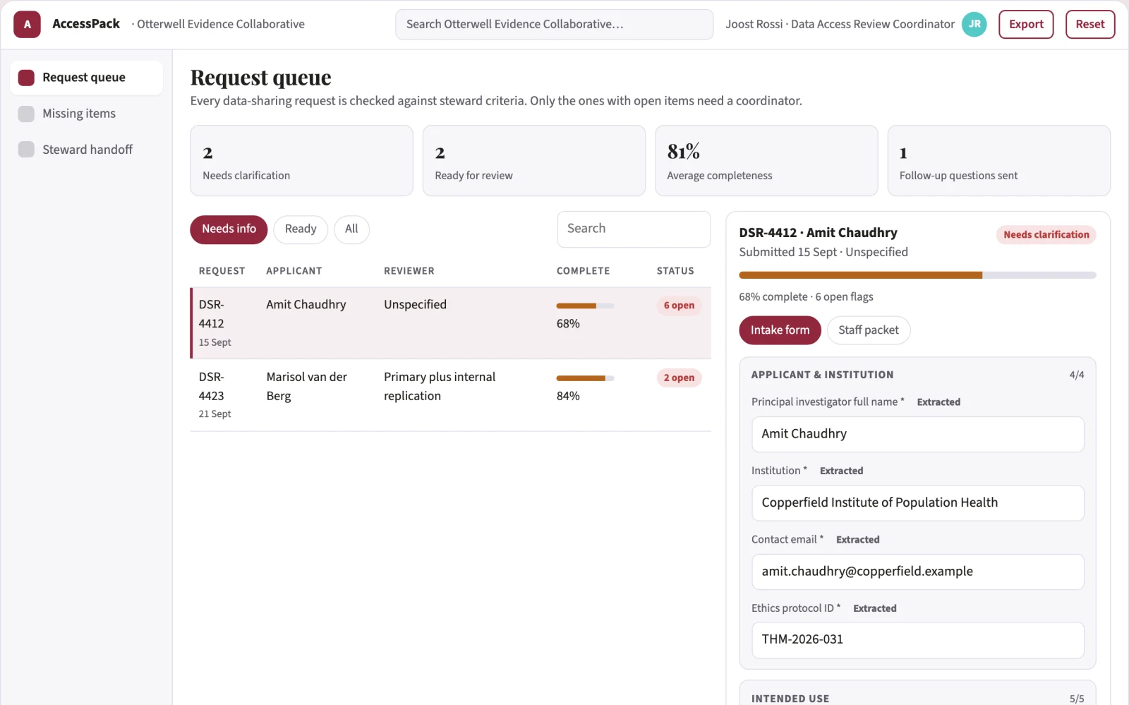Screenshot of the Research data-sharing request organizer interactive demo