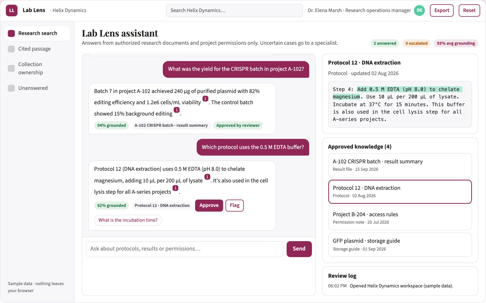 Screenshot of the Research document search interactive demo