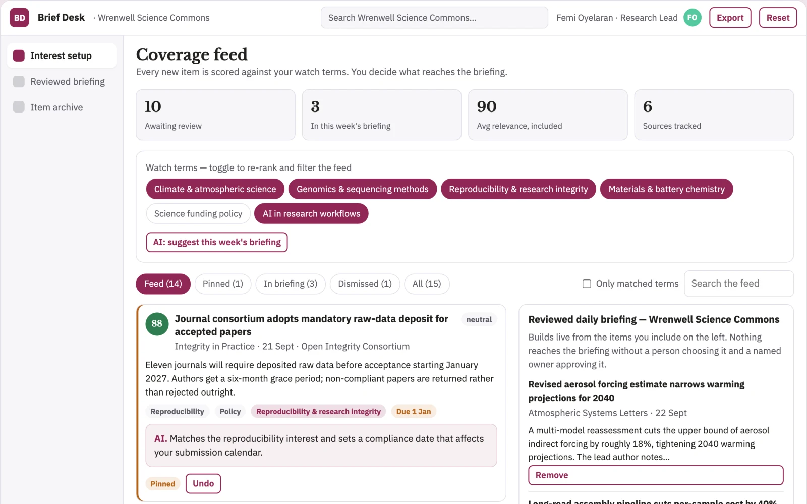 Screenshot of the Research feed curation and briefing workbench interactive demo