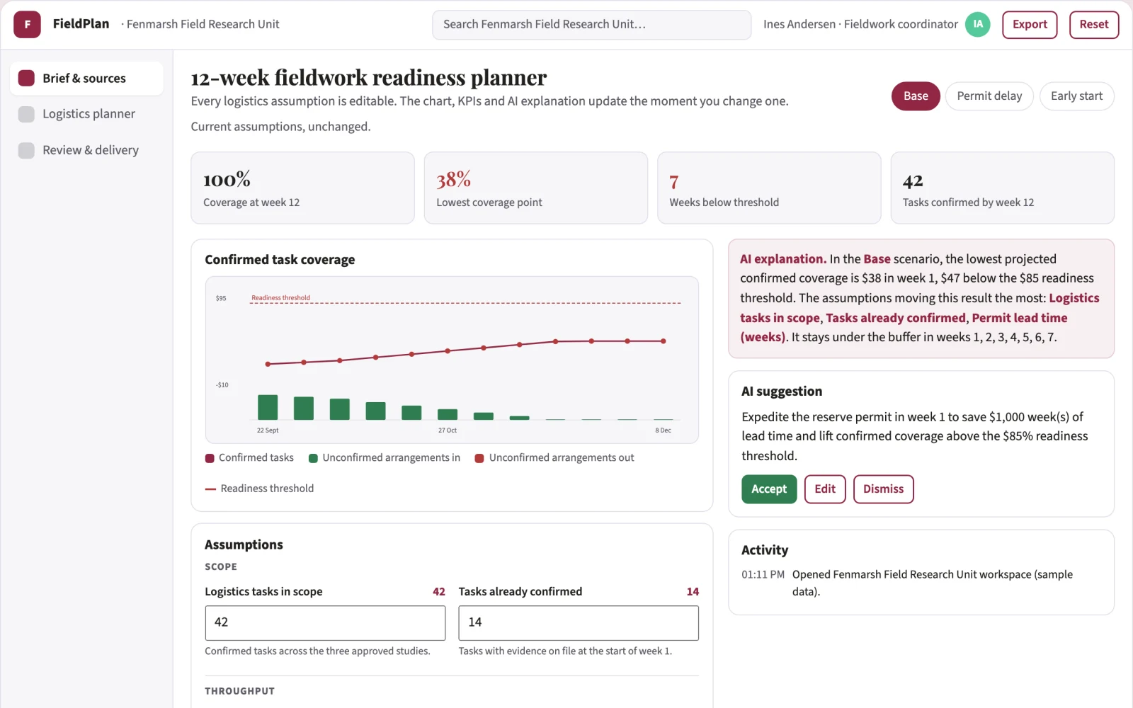 Screenshot of the Research fieldwork logistics planner interactive demo