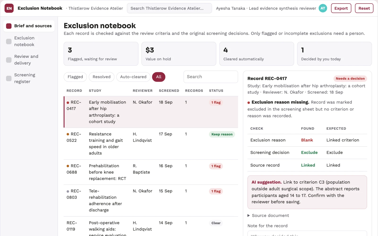 Screenshot of the Research literature exclusion notebook interactive demo