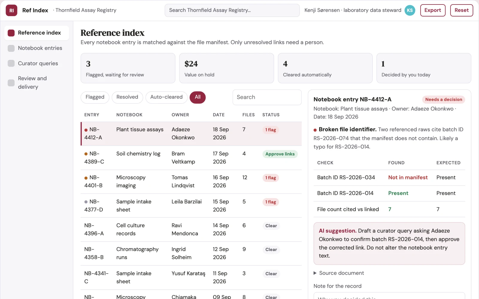 Screenshot of the Research notebook reference index interactive demo