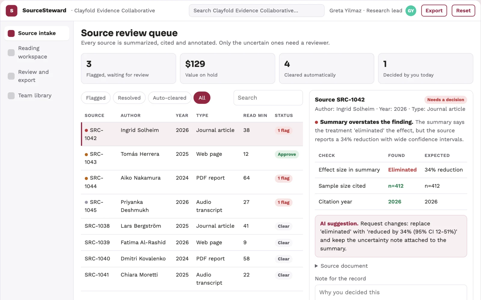 Screenshot of the Research reading and source stewardship console interactive demo