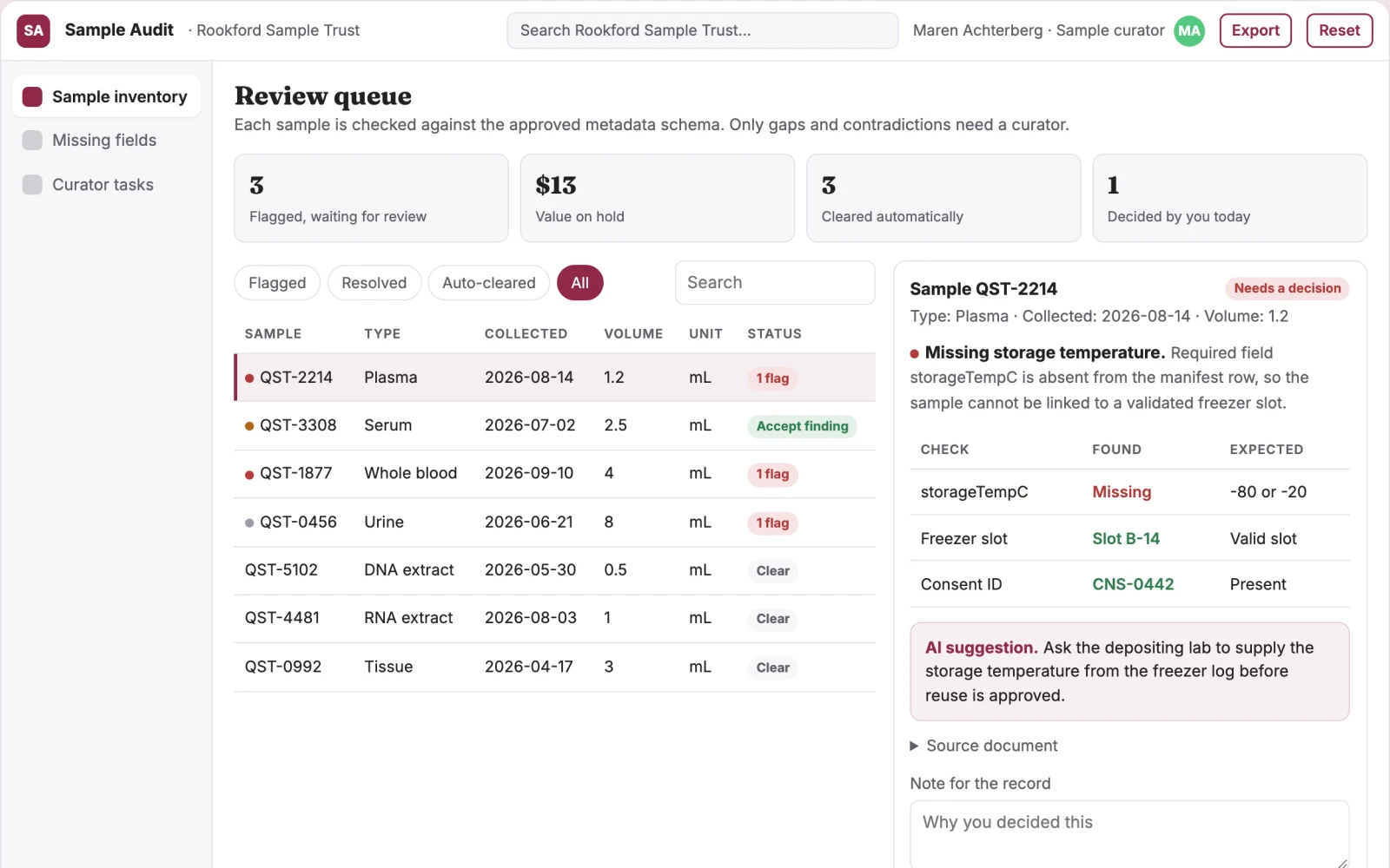 Screenshot of the Research sample metadata completeness desk interactive demo