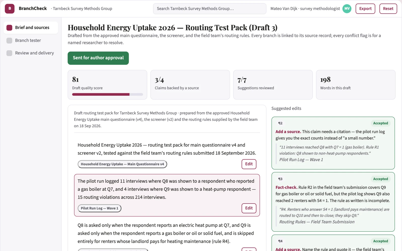 Screenshot of the Research survey branch tester interactive demo