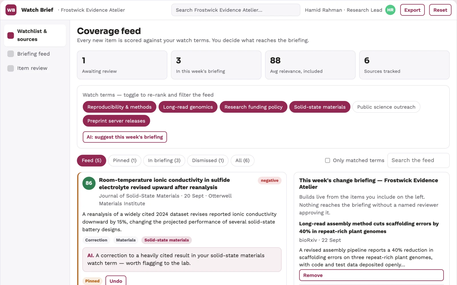 Screenshot of the Research watchlist change briefing service interactive demo