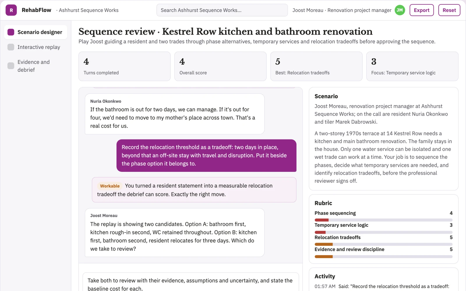 Screenshot of the Residential renovation sequencing simulator interactive demo