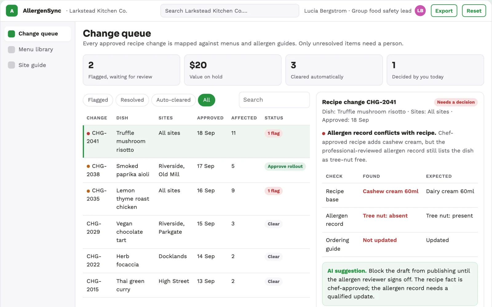 Screenshot of the Restaurant allergen change propagation workspace interactive demo