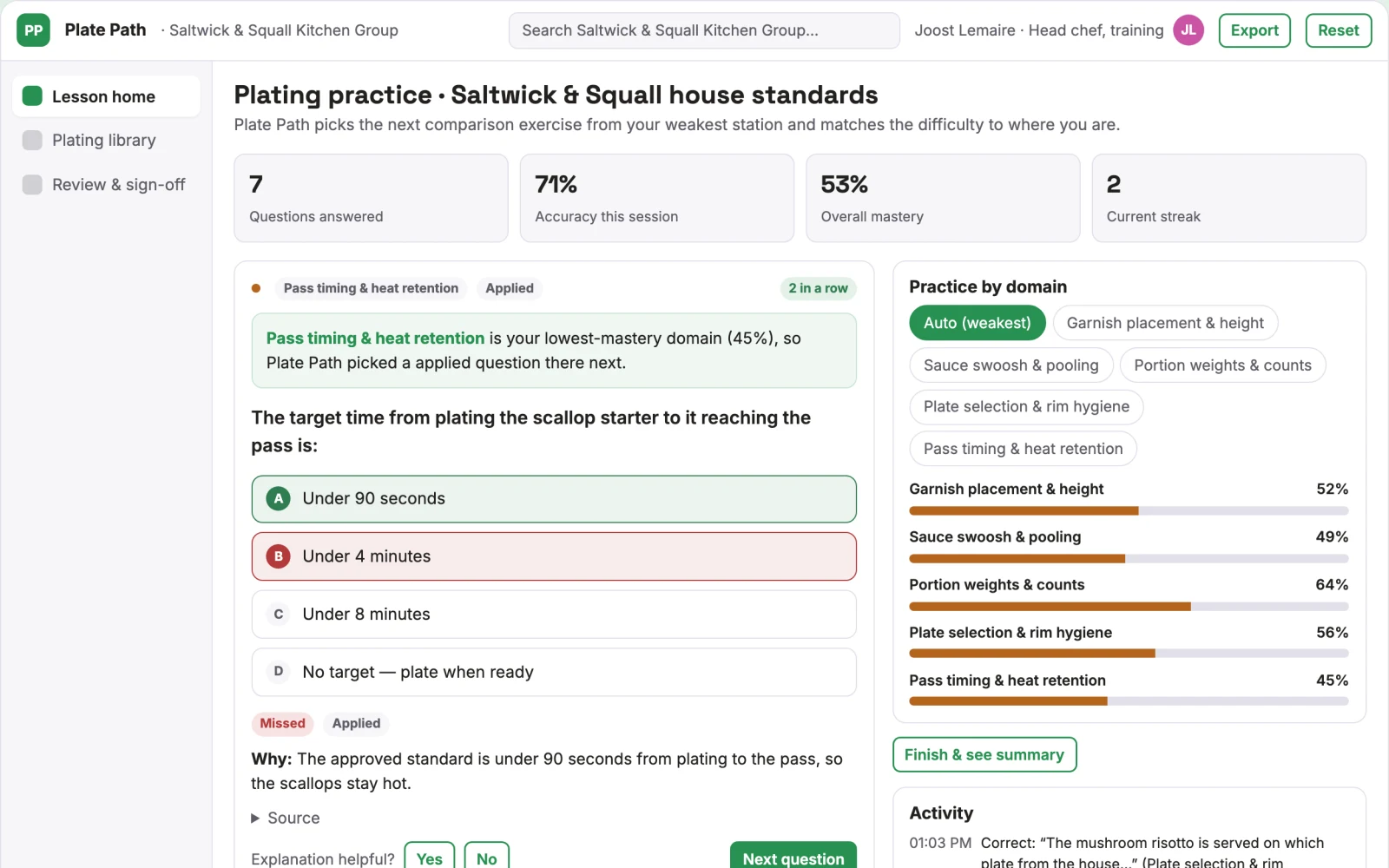 Screenshot of the Restaurant plating training library interactive demo