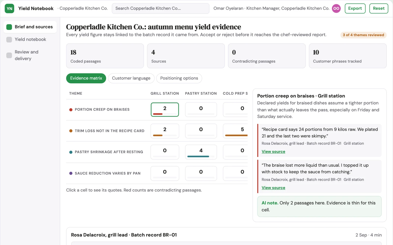 Screenshot of the Restaurant recipe yield notebook interactive demo