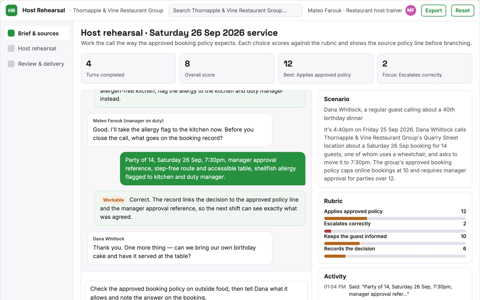 Screenshot of the Restaurant reservation policy rehearsal interactive demo