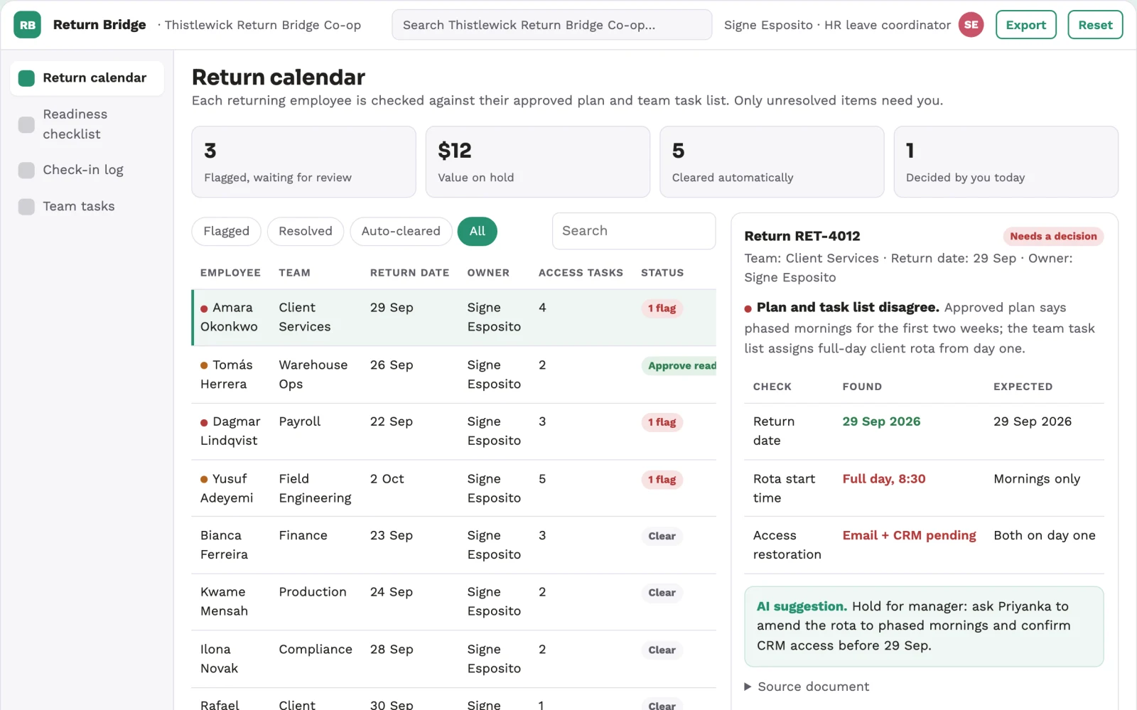 Screenshot of the Return-from-leave coordination portal interactive demo