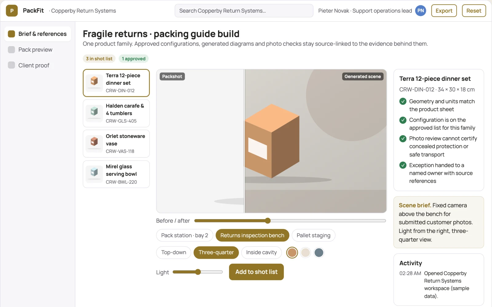 Screenshot of the Return packing fit guide builder interactive demo