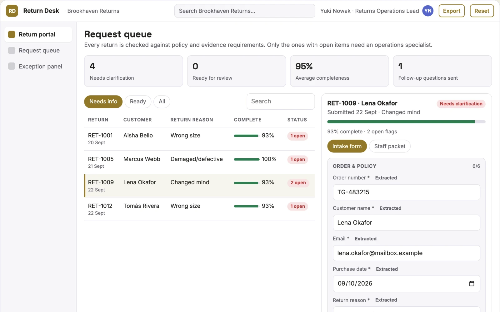 Demo screen of Returns assistance platform