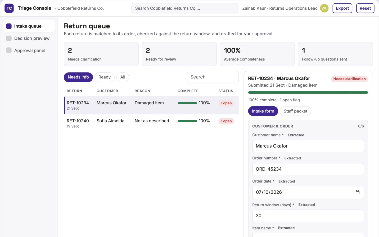 Demo screen of Returns Triage Console