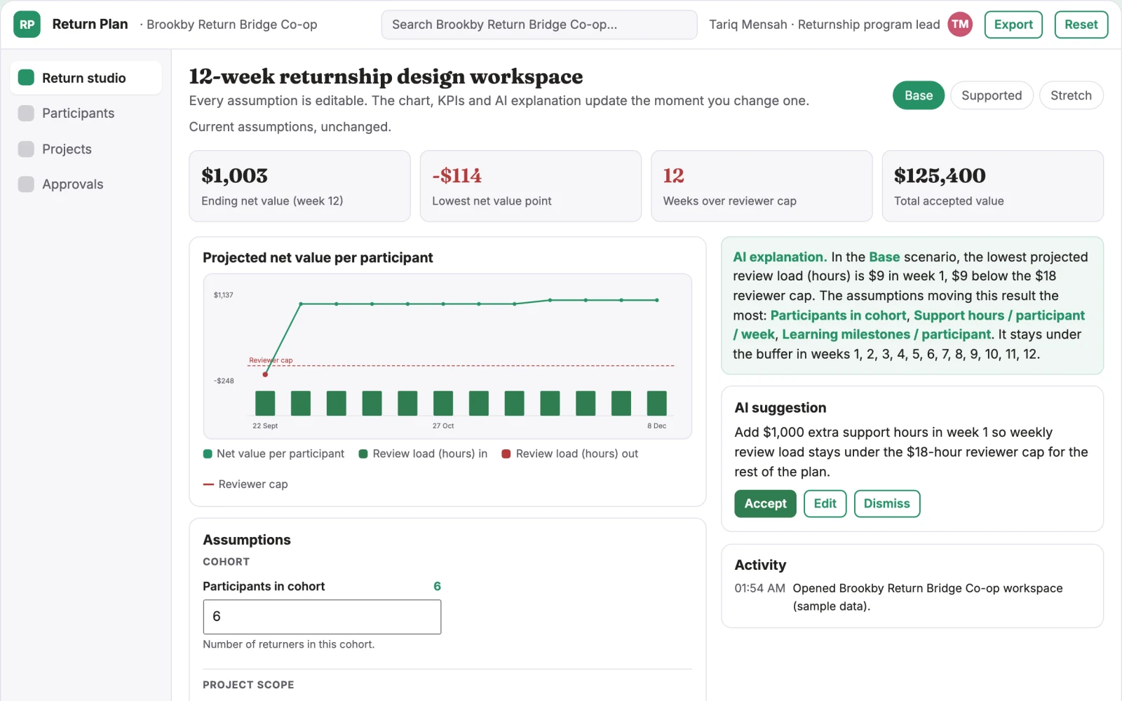 Screenshot of the Returnship project design studio interactive demo