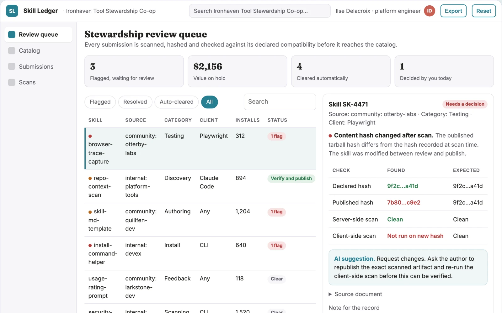 Screenshot of the Reusable agent skill catalog and stewardship console interactive demo