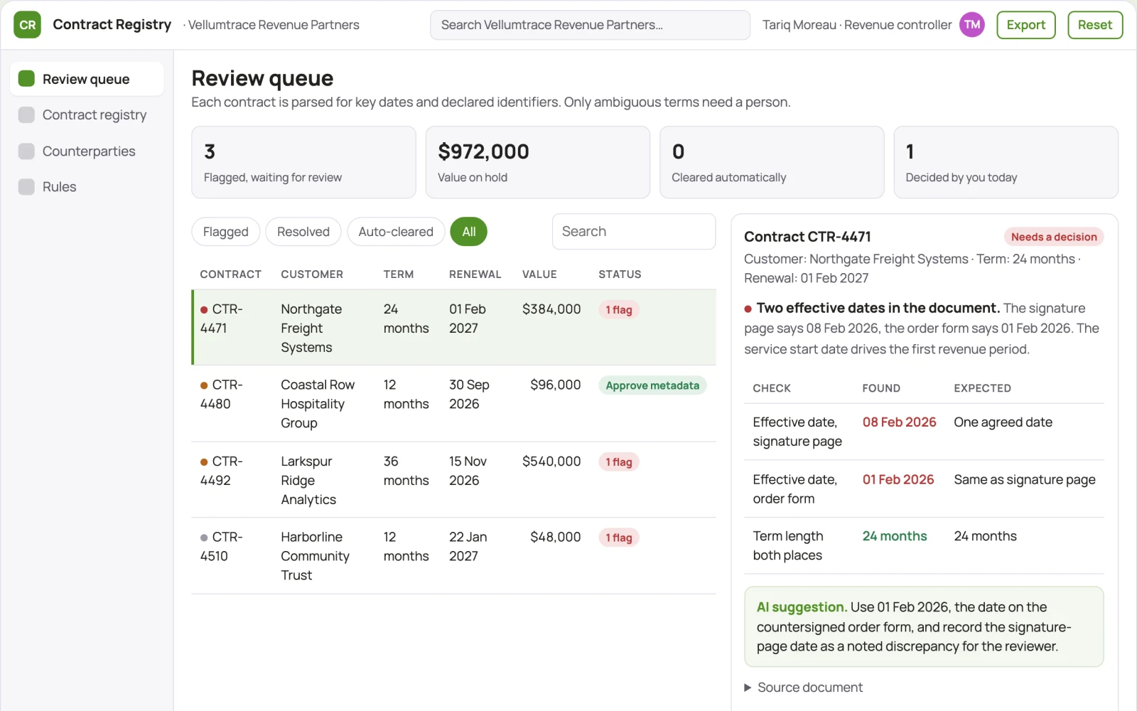 Screenshot of the Revenue contract metadata registry interactive demo