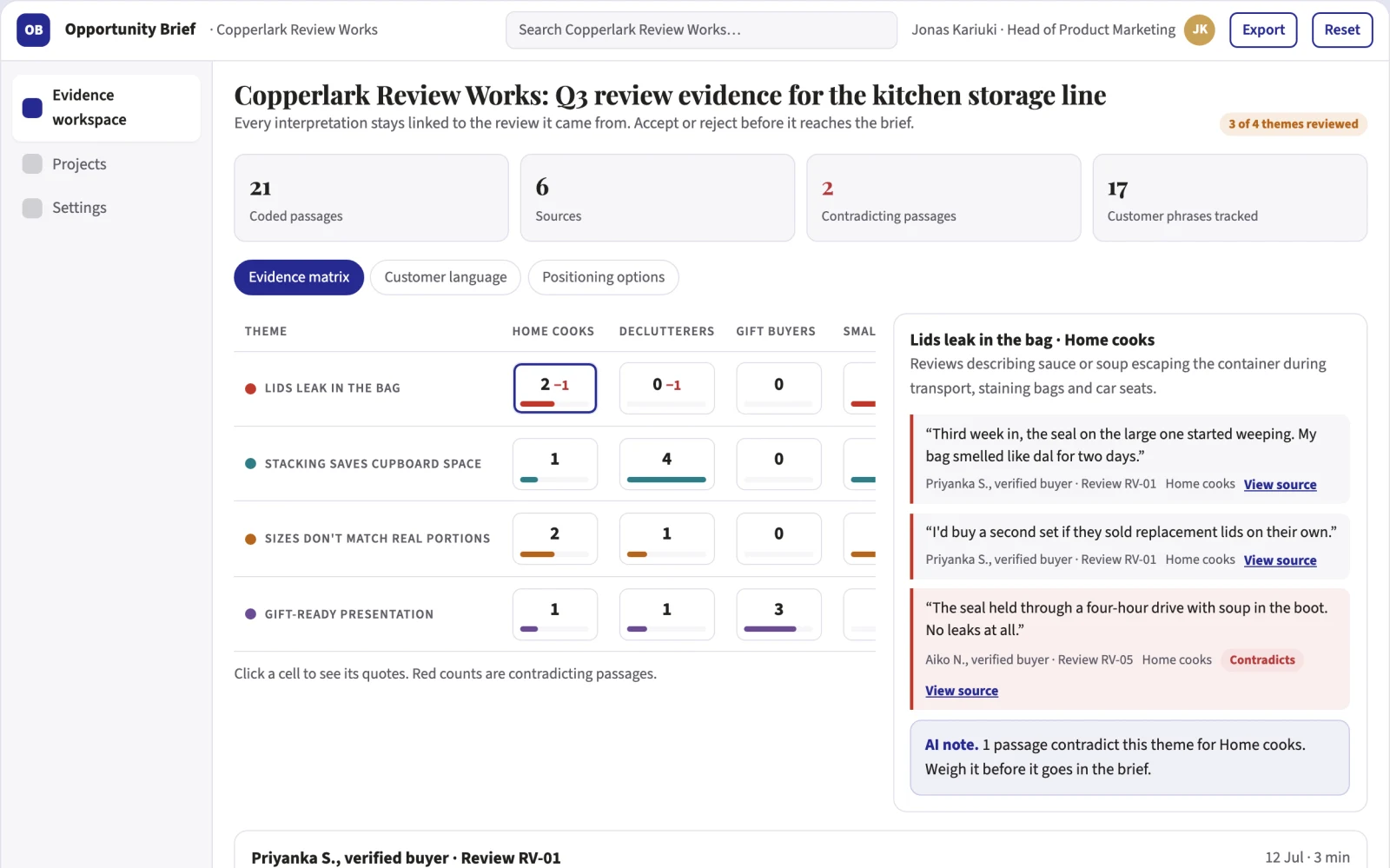 Screenshot of the Review-evidence product opportunity workbench interactive demo