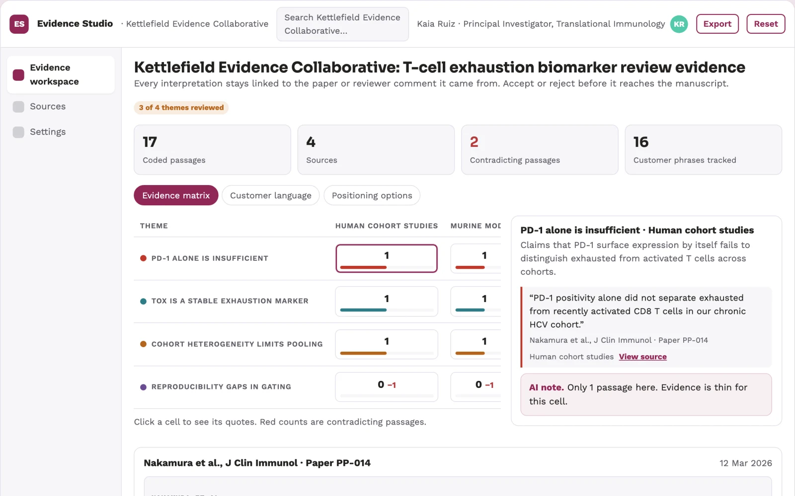 Screenshot of the Reviewed research evidence and writing workspace interactive demo