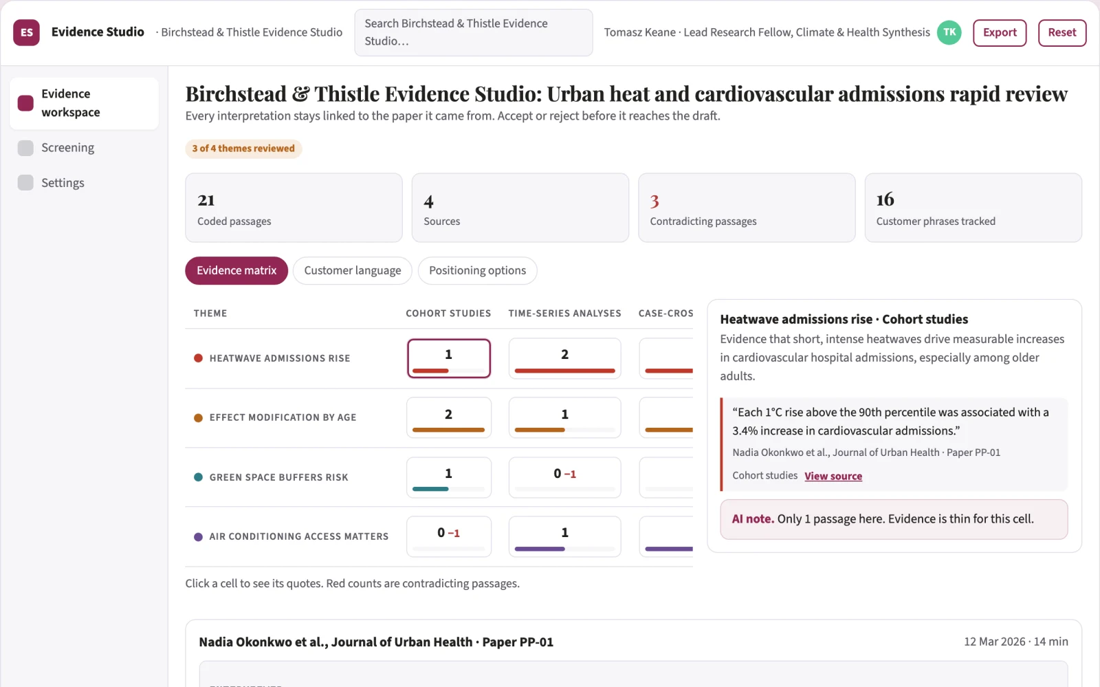 Screenshot of the Reviewed research evidence and writing workspace interactive demo