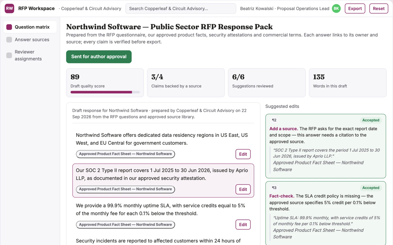 Demo screen of RFP response workspace