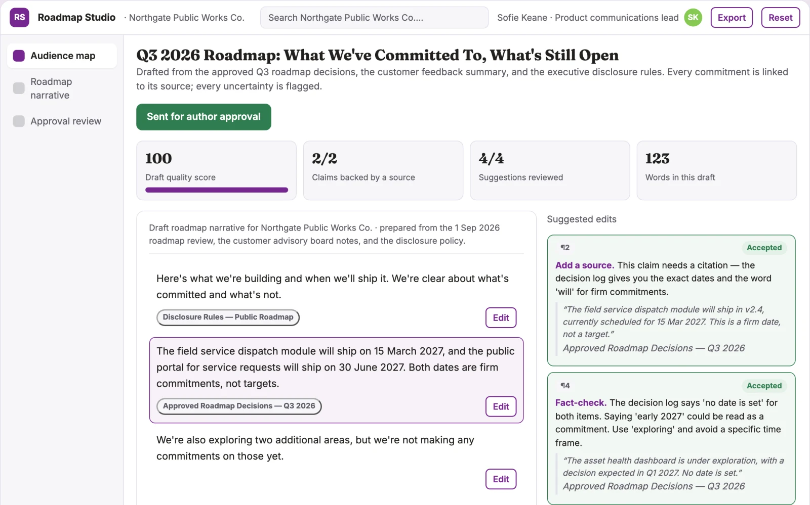 Demo screen of Roadmap communication studio