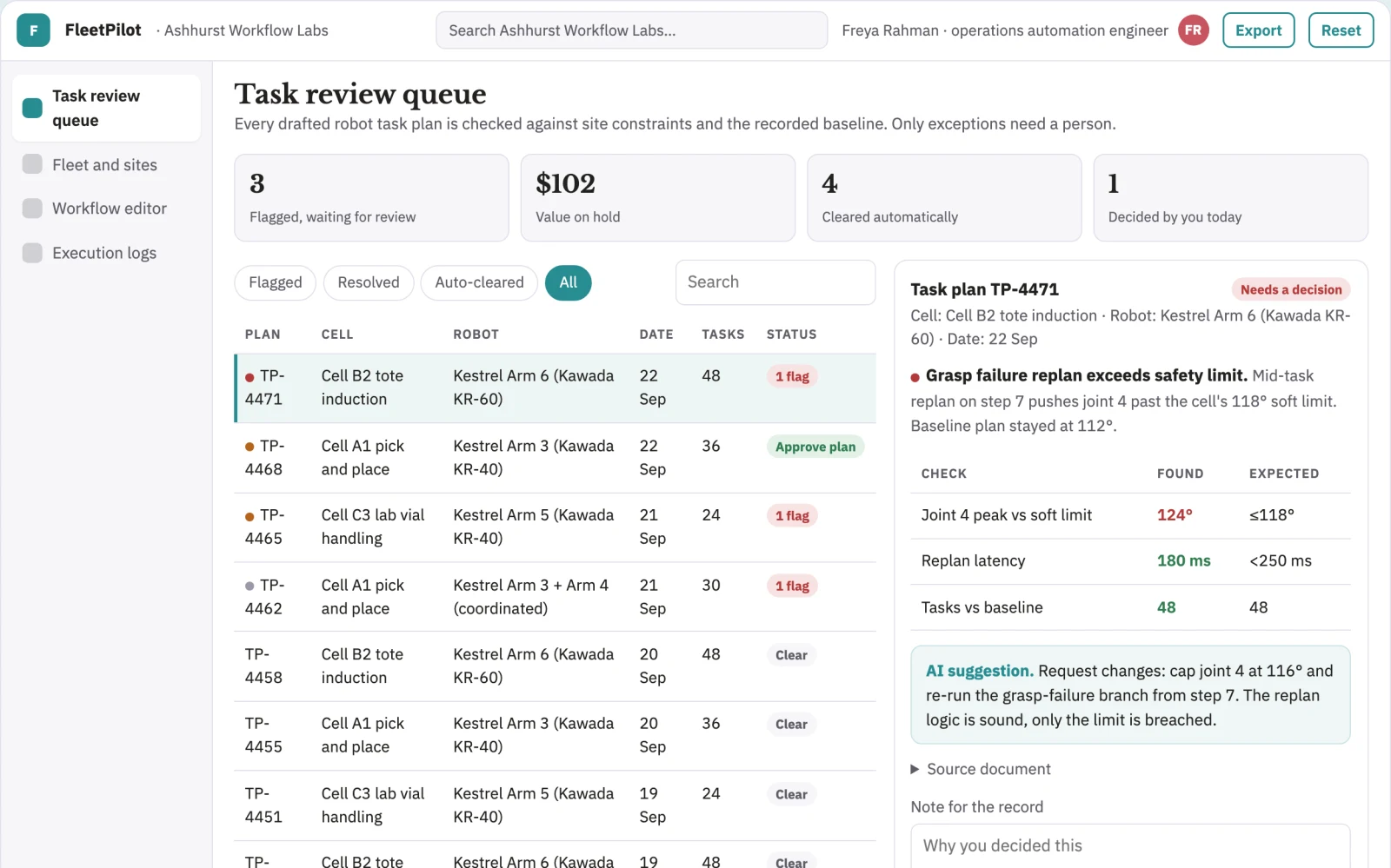 Screenshot of the Robot fleet task automation control portal interactive demo