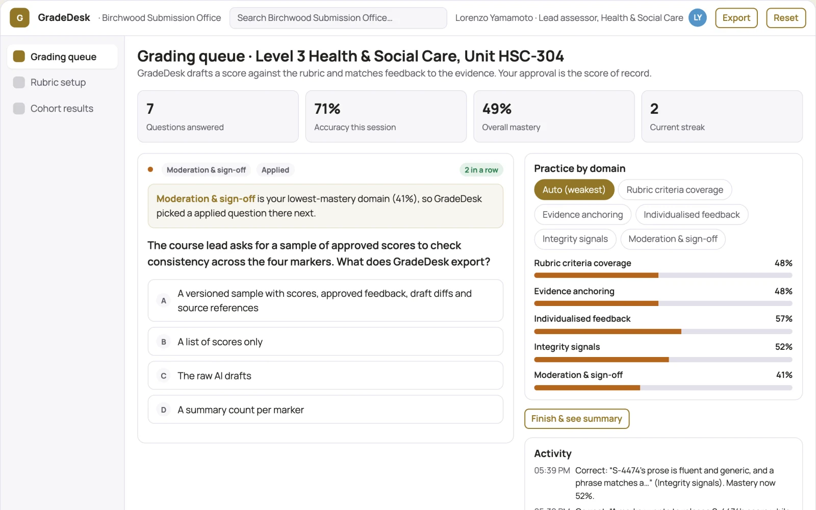 Screenshot of the Role-based assessment grading and feedback console interactive demo