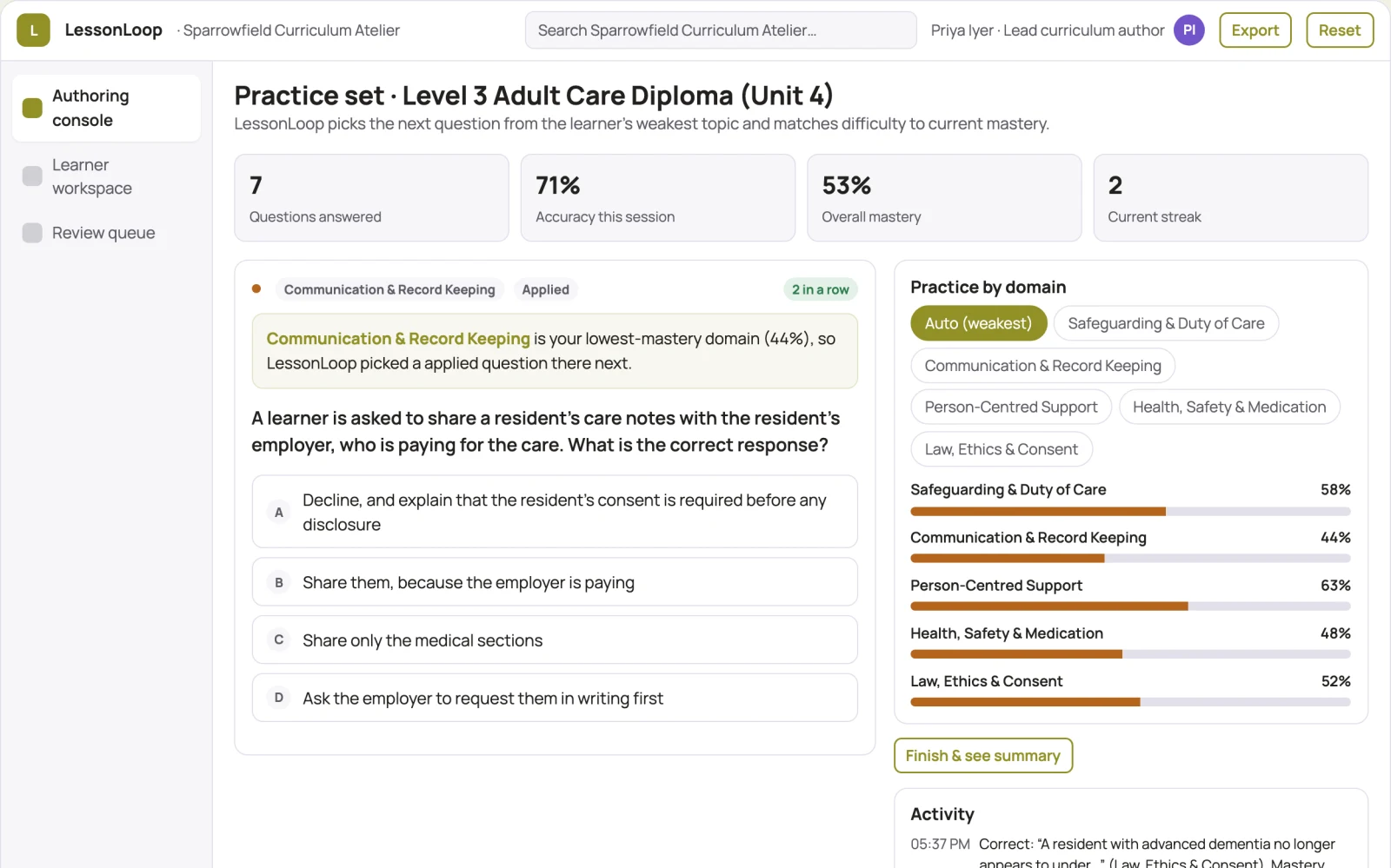 Screenshot of the Role-based learning and course authoring workspace interactive demo