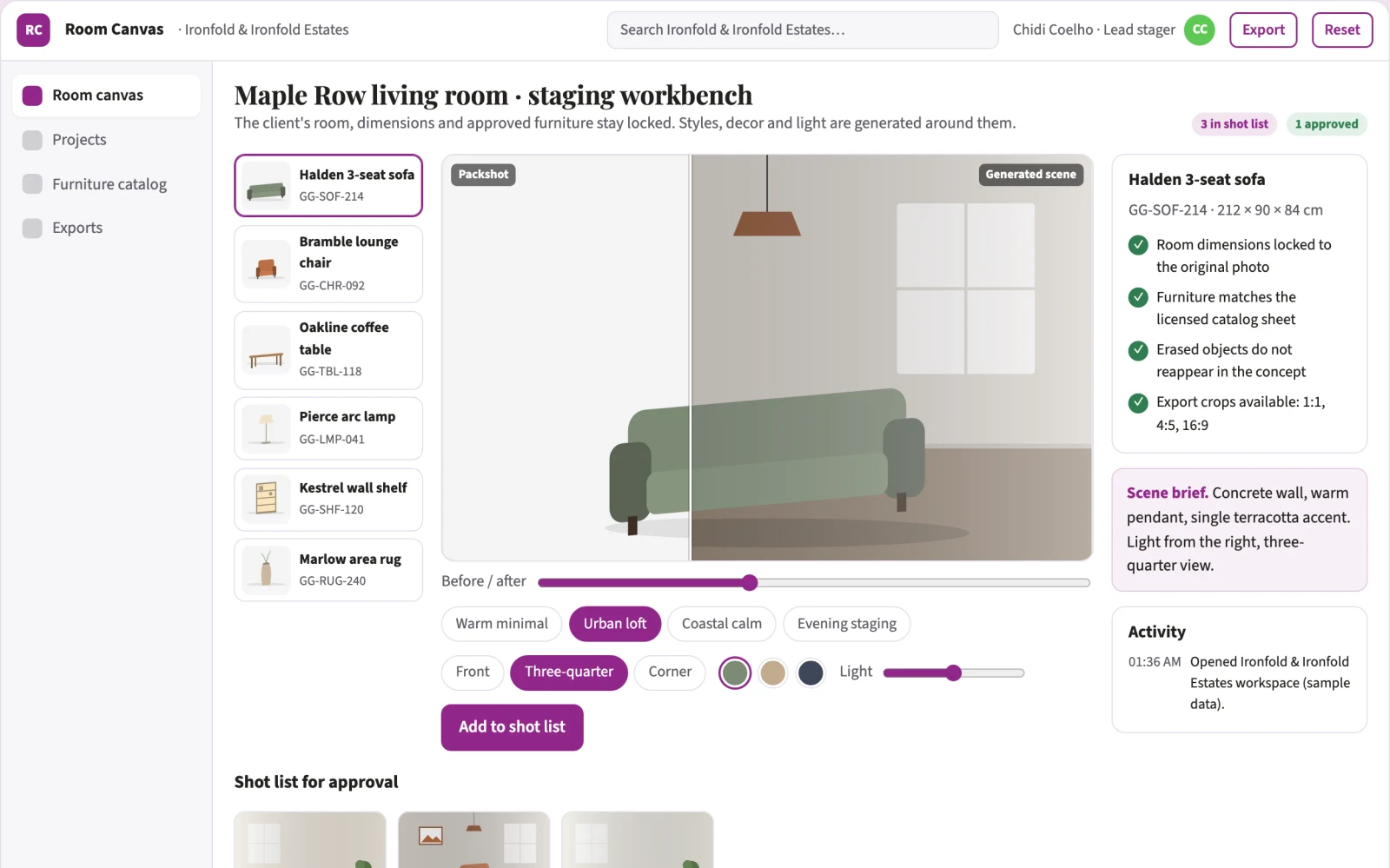 Screenshot of the Room photo redesign and staging workbench interactive demo