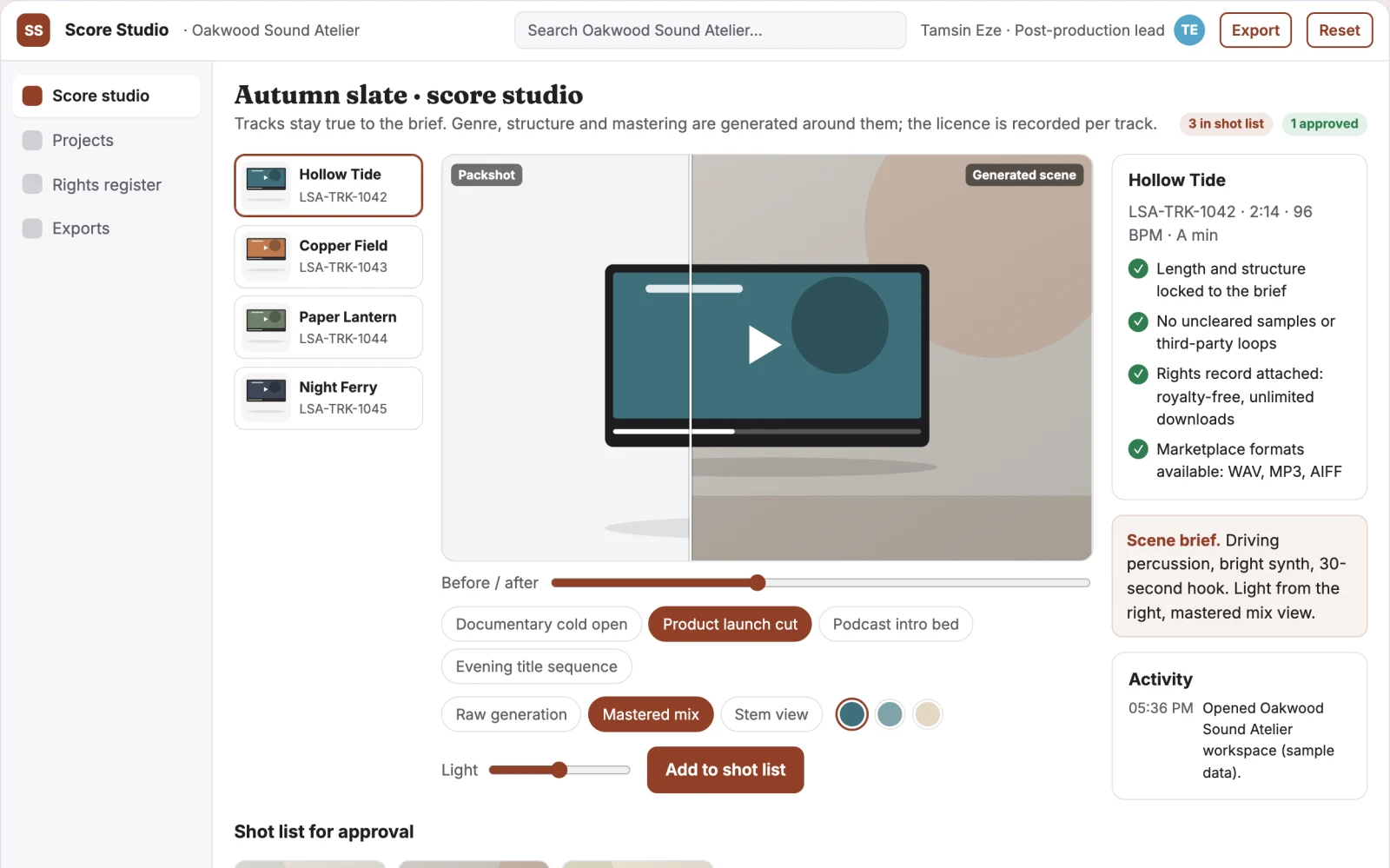Screenshot of the Royalty-free music generation and licensing workbench interactive demo