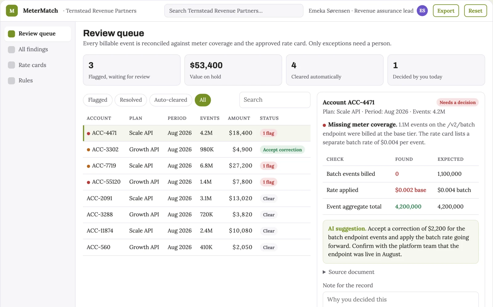 Screenshot of the SaaS usage-to-billing reconciliation engine interactive demo