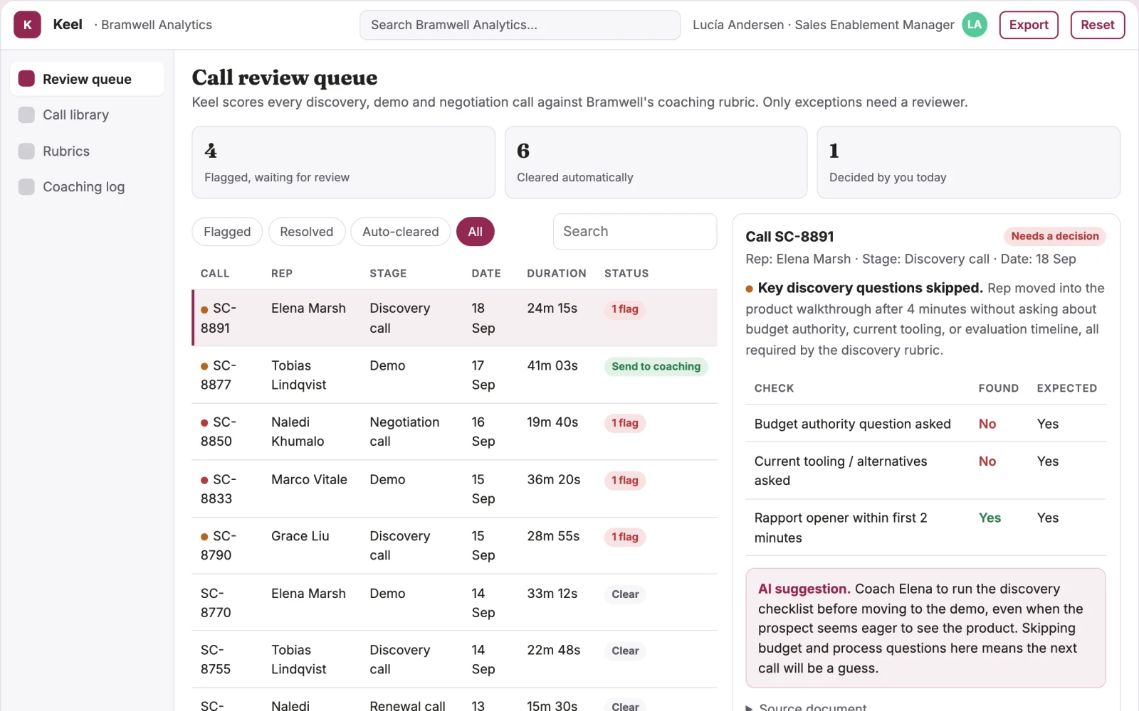 Screenshot of the Sales call coaching platform interactive demo