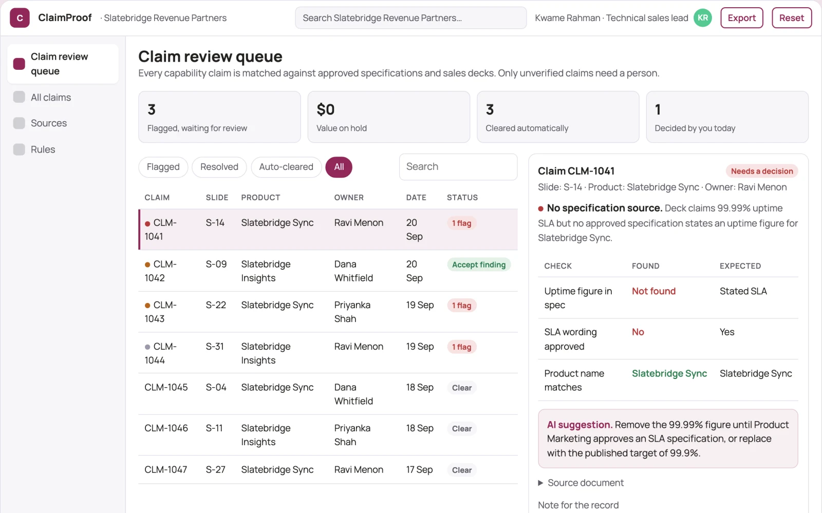 Screenshot of the Sales capability claim verifier interactive demo