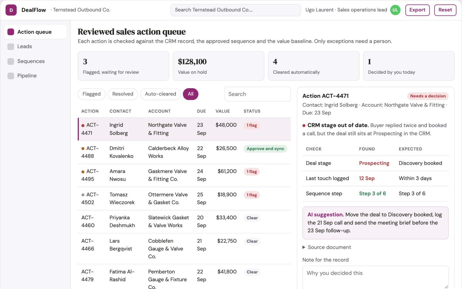 Screenshot of the Sales coordination and outreach operations portal interactive demo