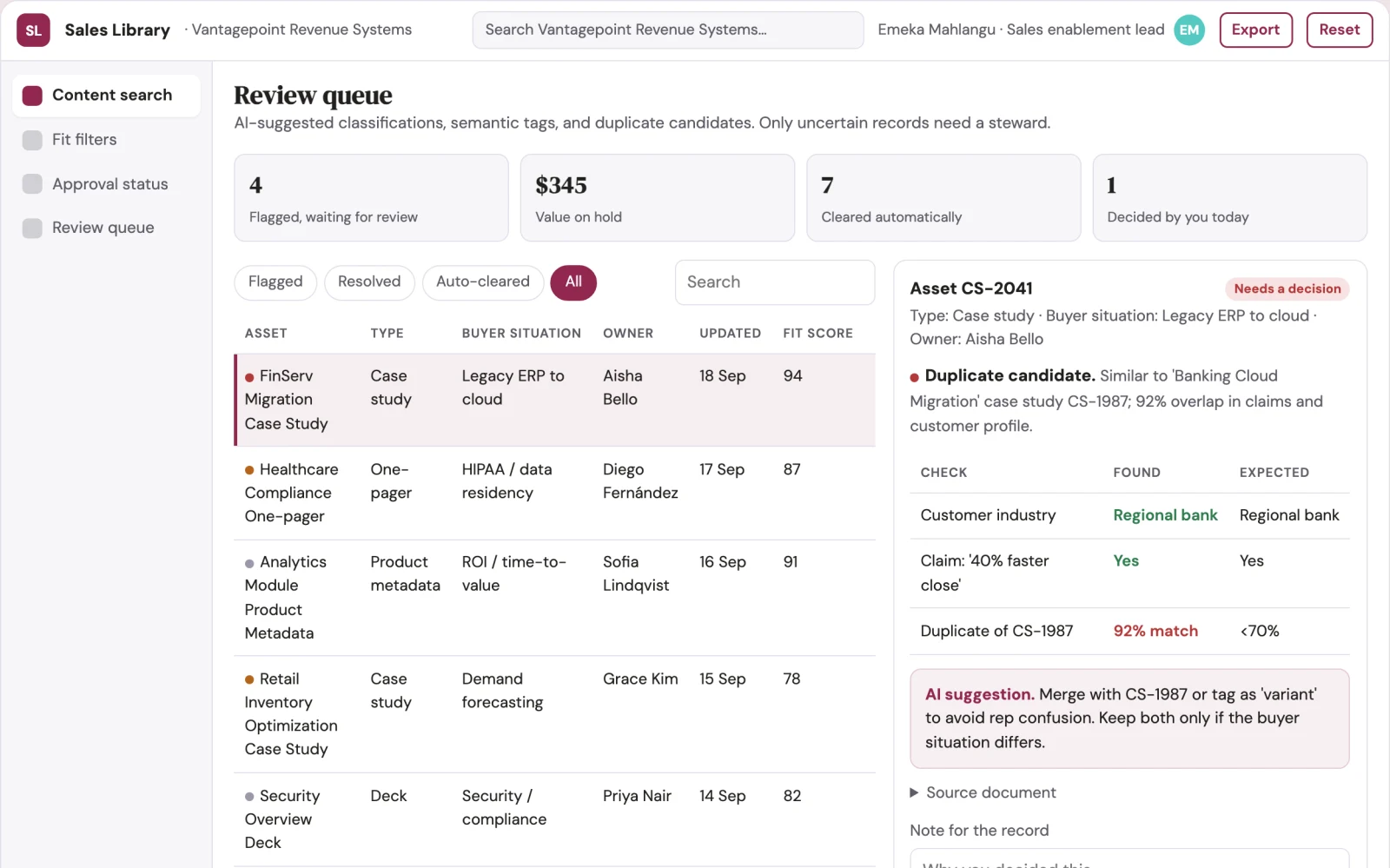 Screenshot of the Sales enablement librarian interactive demo