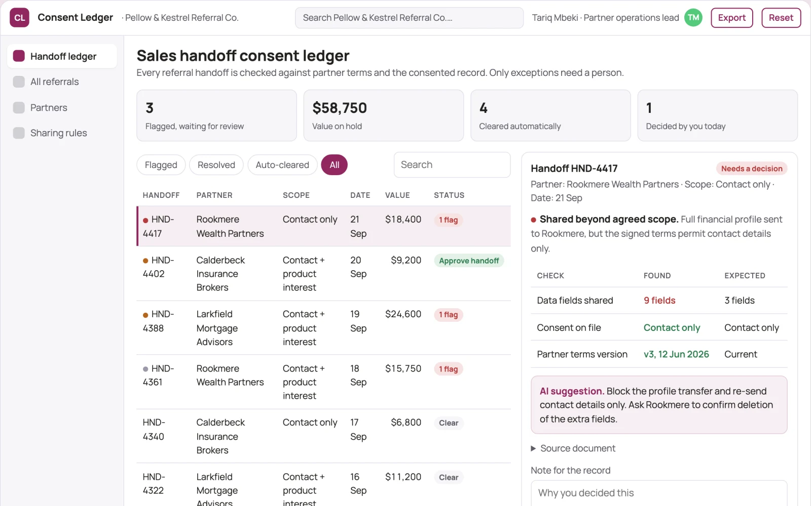 Screenshot of the Sales handoff consent ledger interactive demo