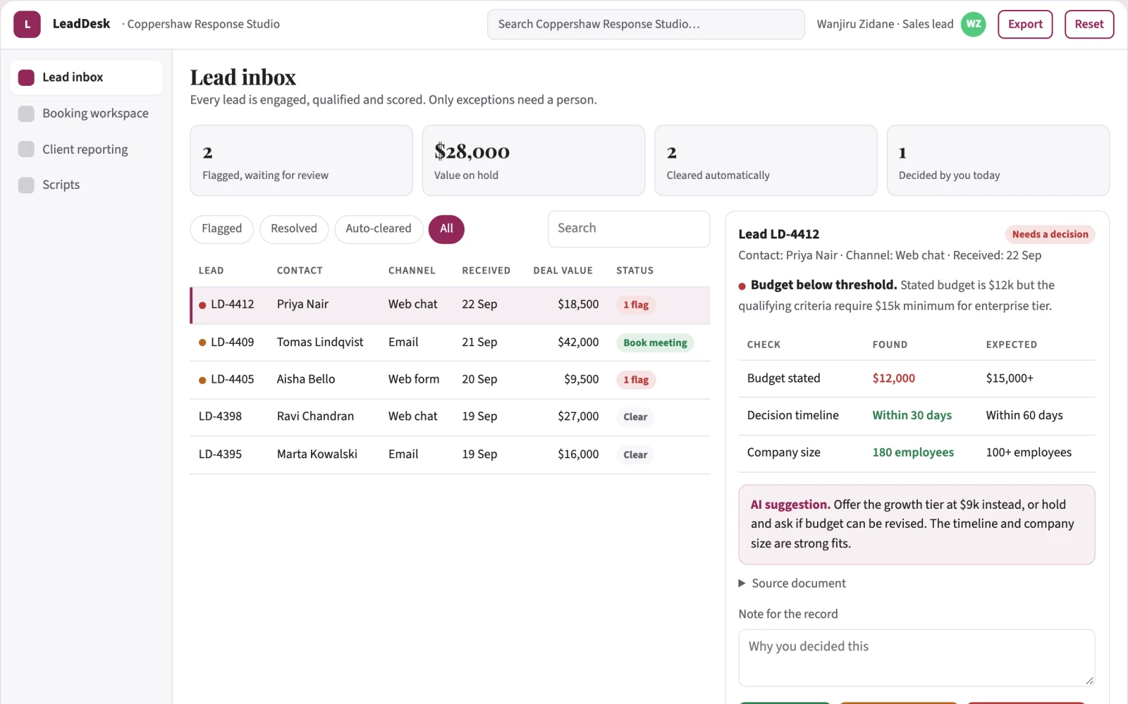 Screenshot of the Sales lead engagement and booking coordination portal interactive demo