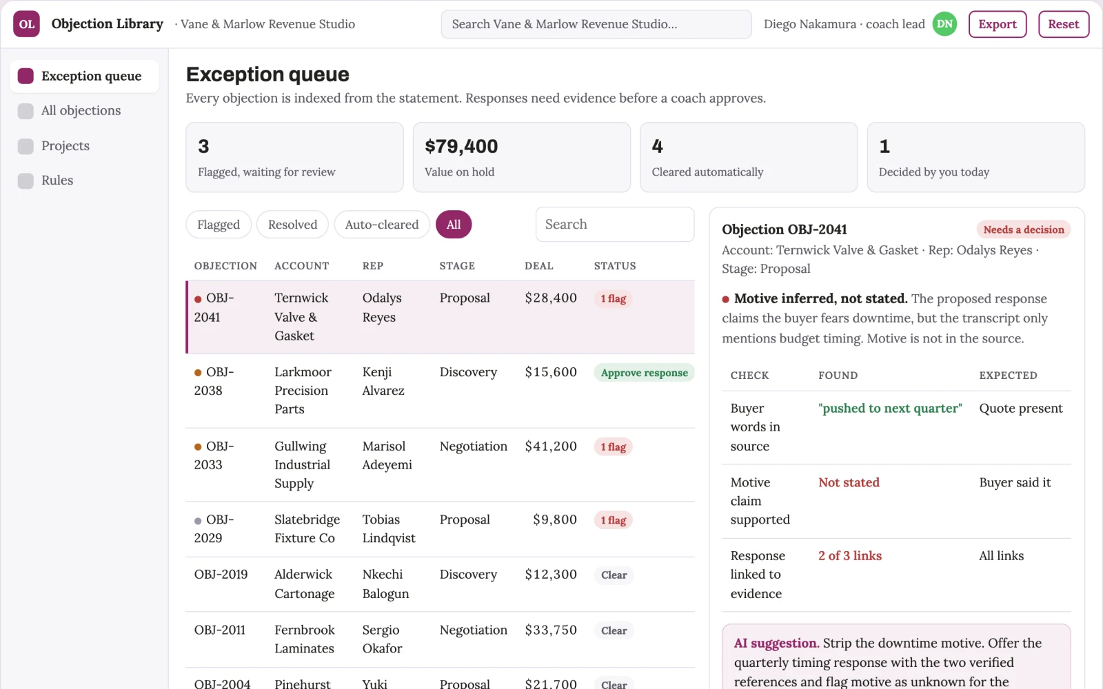 Screenshot of the Sales objection source library interactive demo