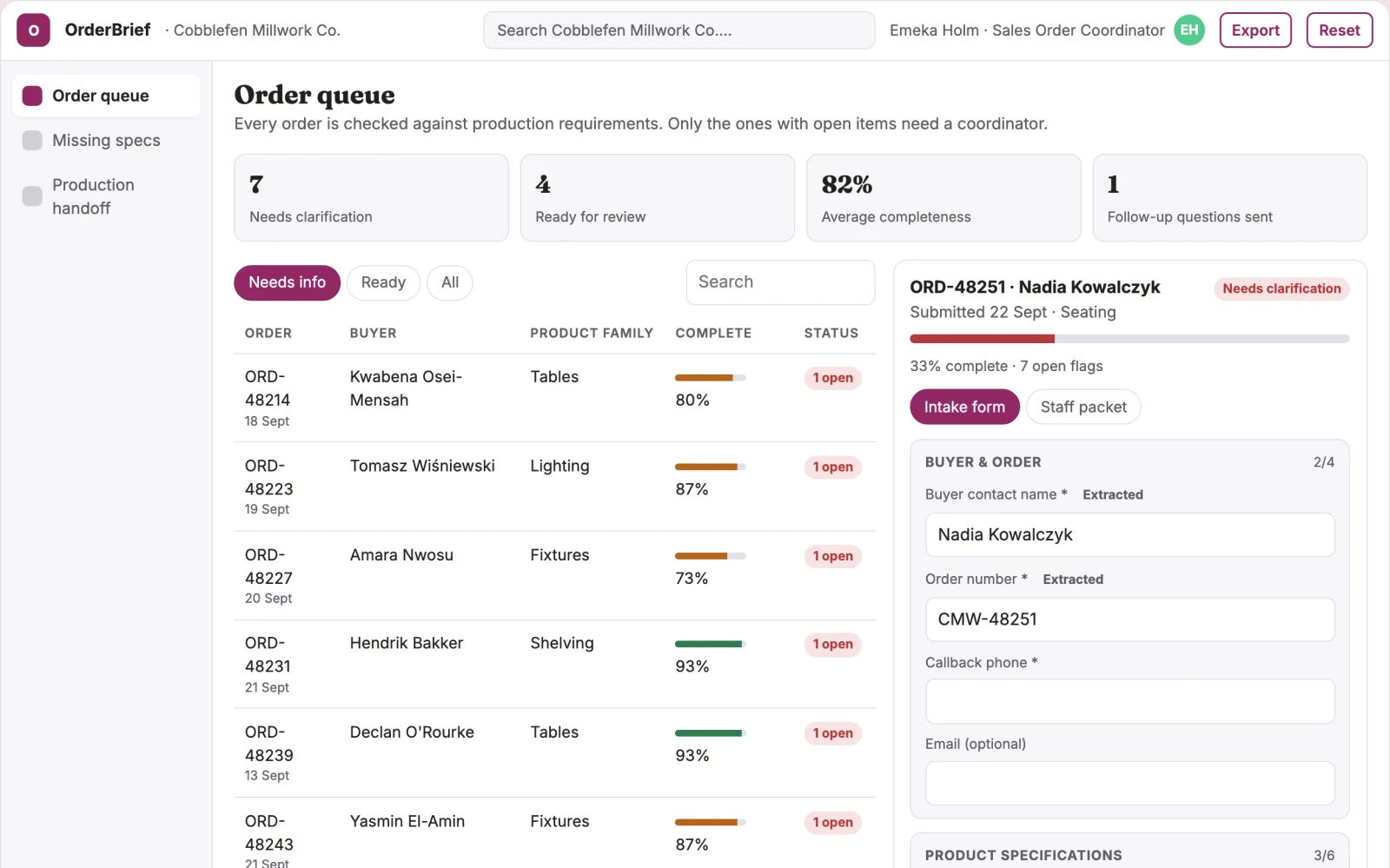 Screenshot of the Sales order instruction completeness interactive demo