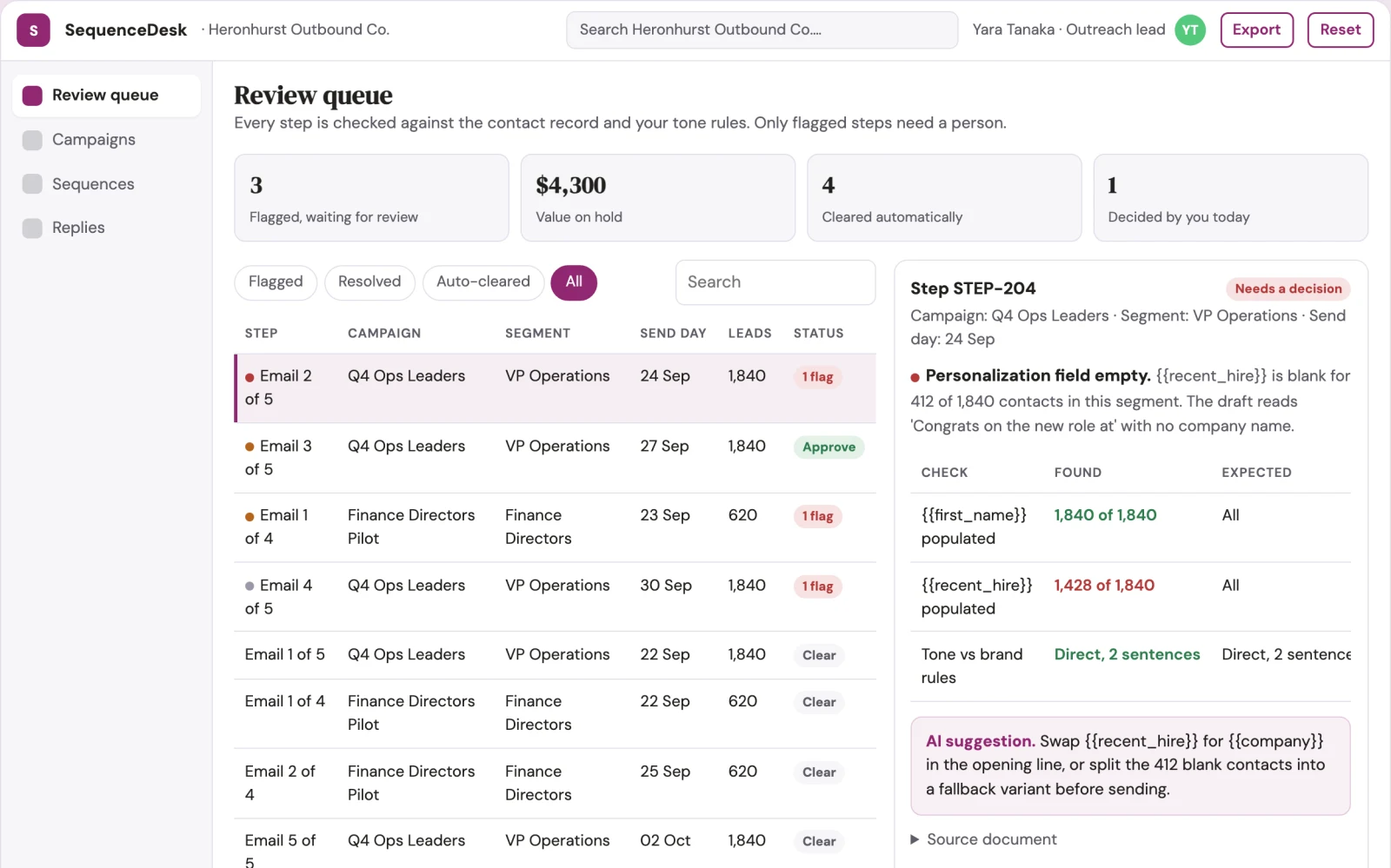 Screenshot of the Sales outreach sequence and follow-up workbench interactive demo