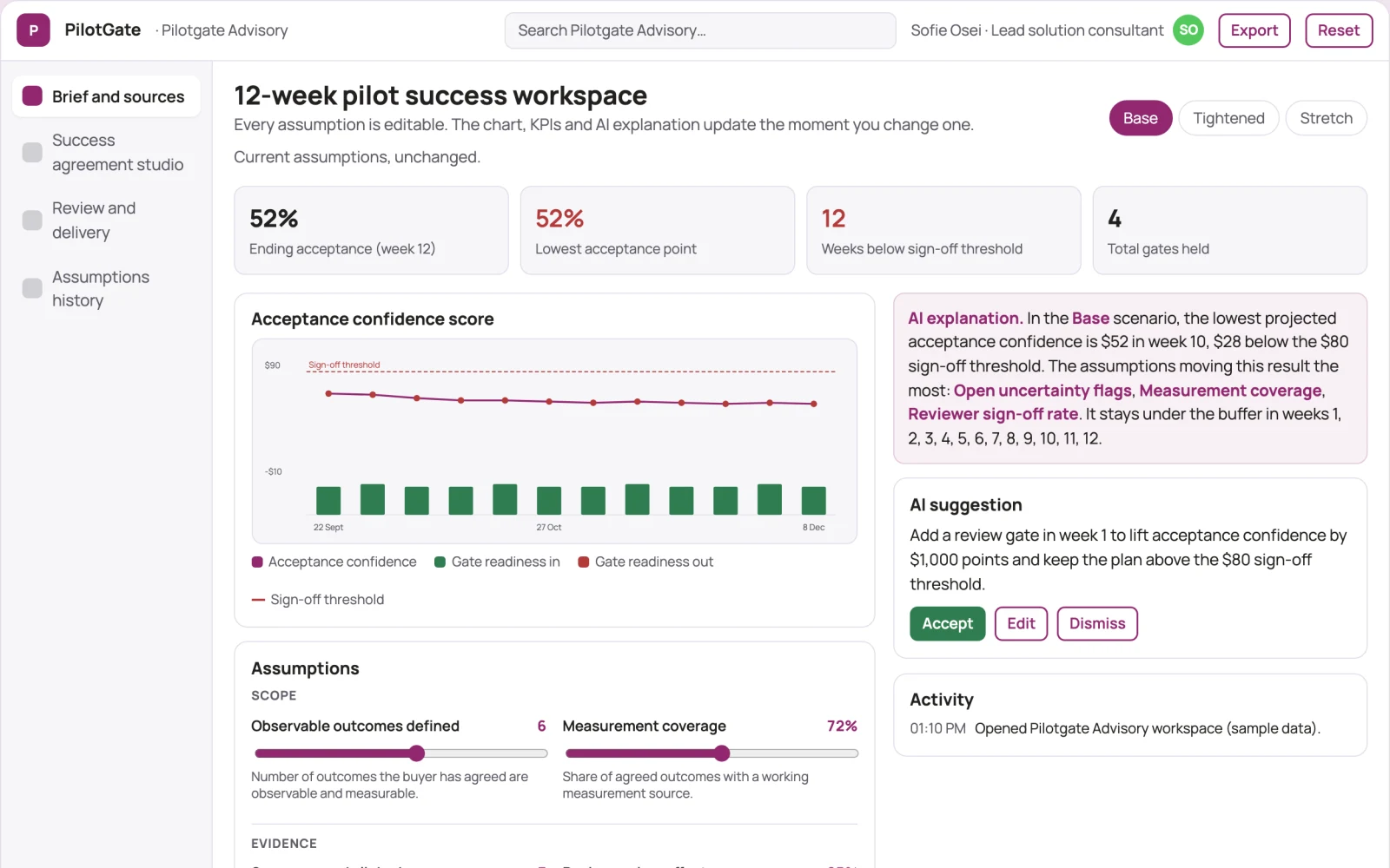 Screenshot of the Sales pilot success agreement studio interactive demo
