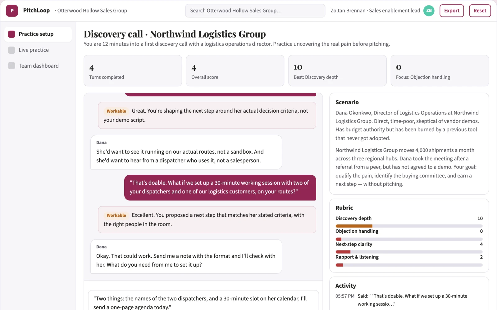 Screenshot of the Sales practice and content analysis workbench interactive demo