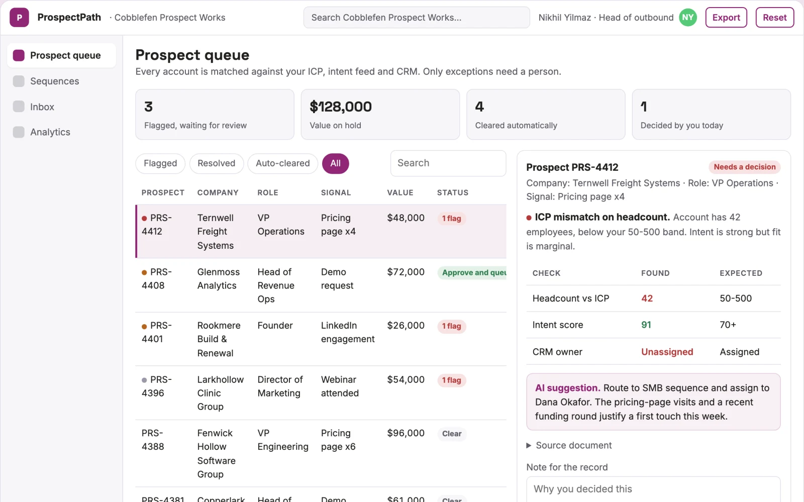 Screenshot of the Sales prospect discovery and outreach coordination portal interactive demo