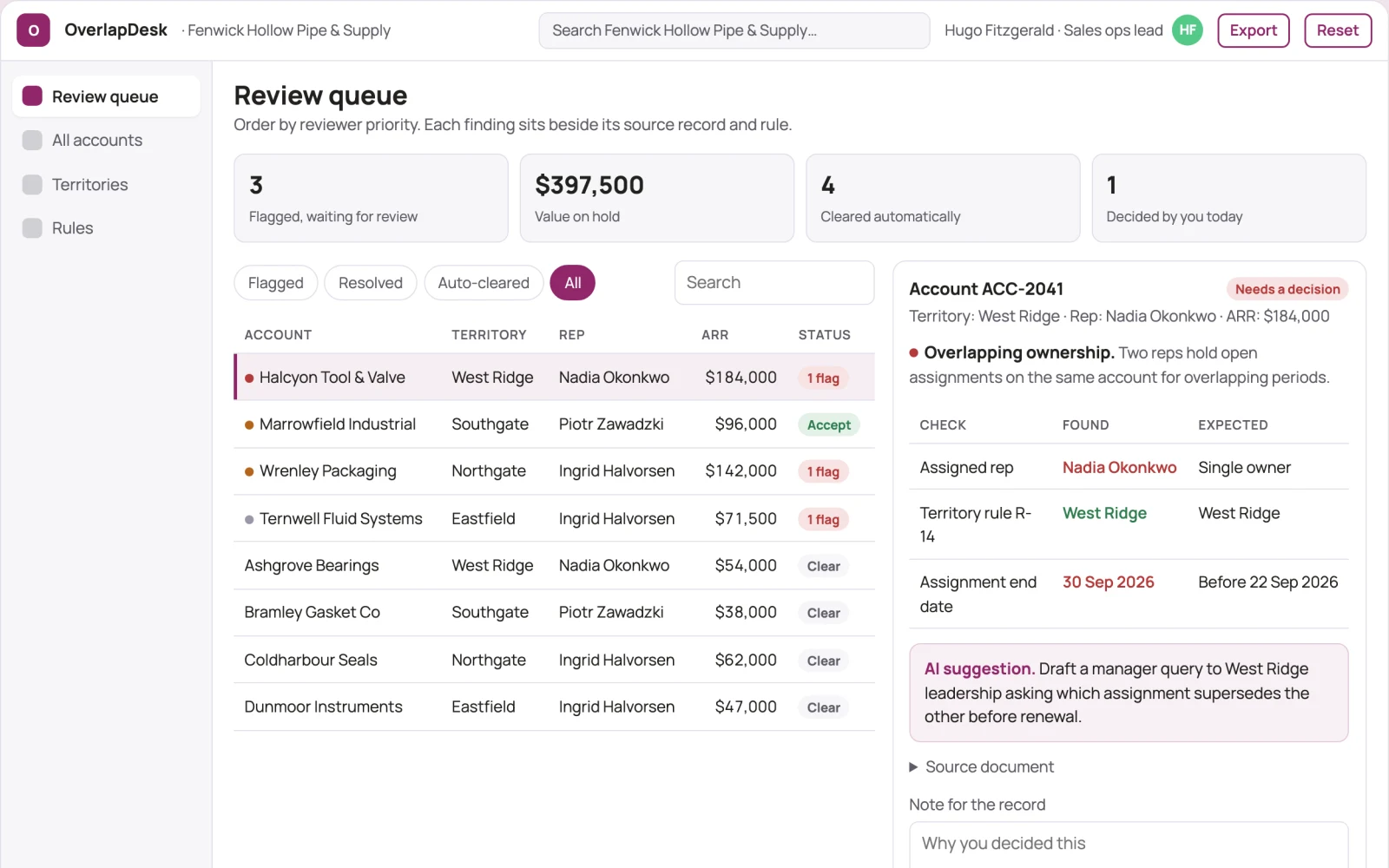 Screenshot of the Sales territory account overlap desk interactive demo