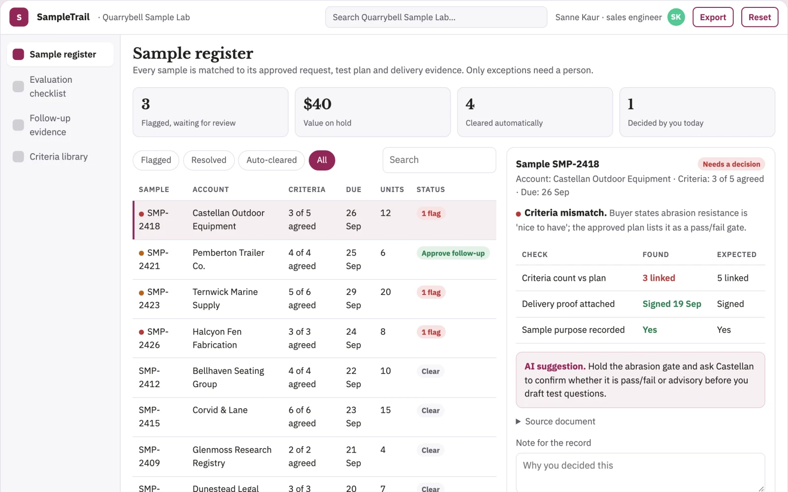 Screenshot of the Sample shipment follow-through portal interactive demo