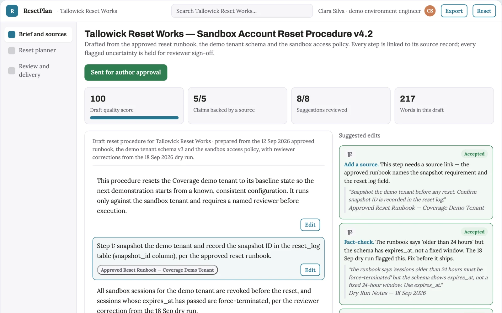 Screenshot of the Sandbox account reset planner interactive demo